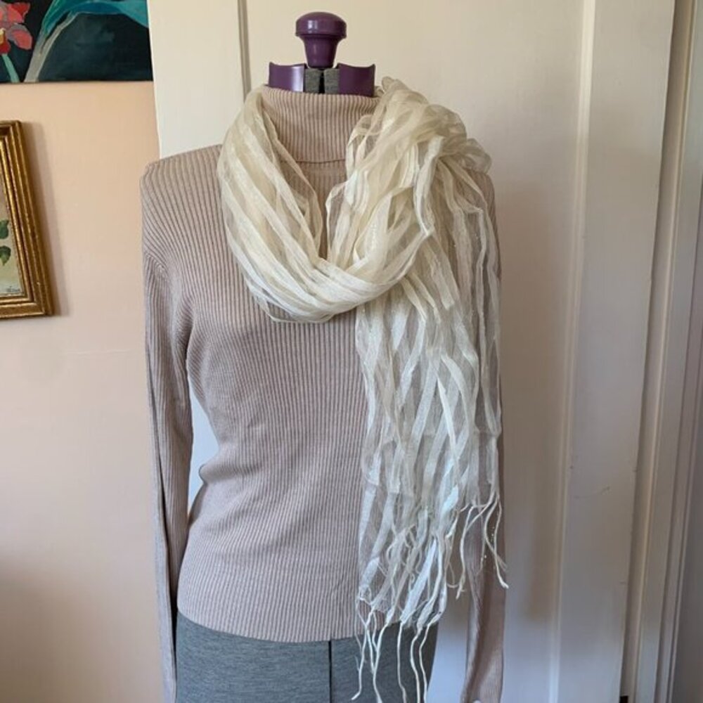 VTG Scarf Shawl White Cream Sheer Chiffon Striped Iridescent Sparkle Fringe